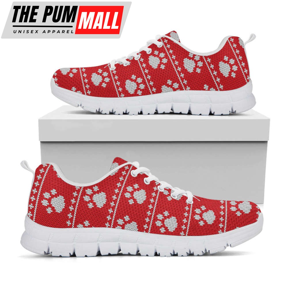 Christmas Paw Knitted Pattern Print White Running Shoes, Gift For Men And Women