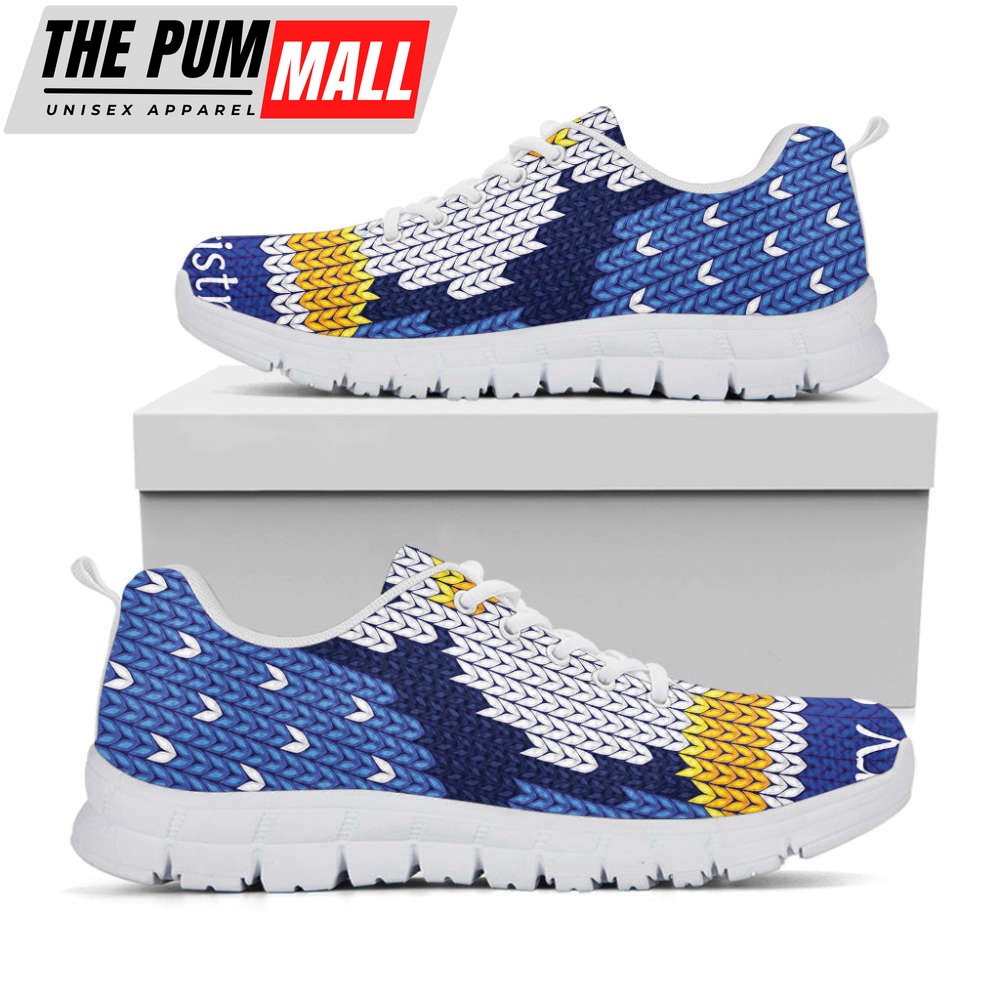 Christmas Penguin Knitted Print White Running Shoes, Gift For Men And Women