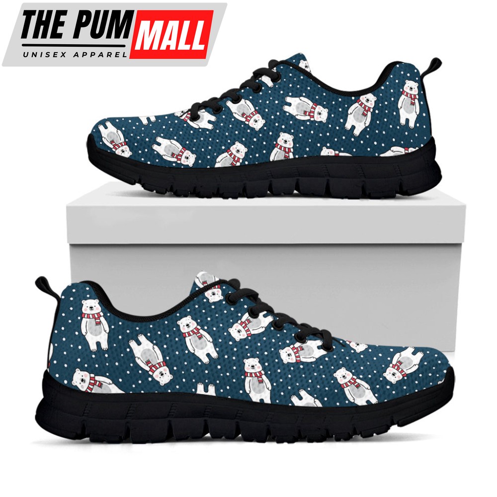 Christmas Polar Bear Pattern Print Black Running Shoes, Gift For Men And Women