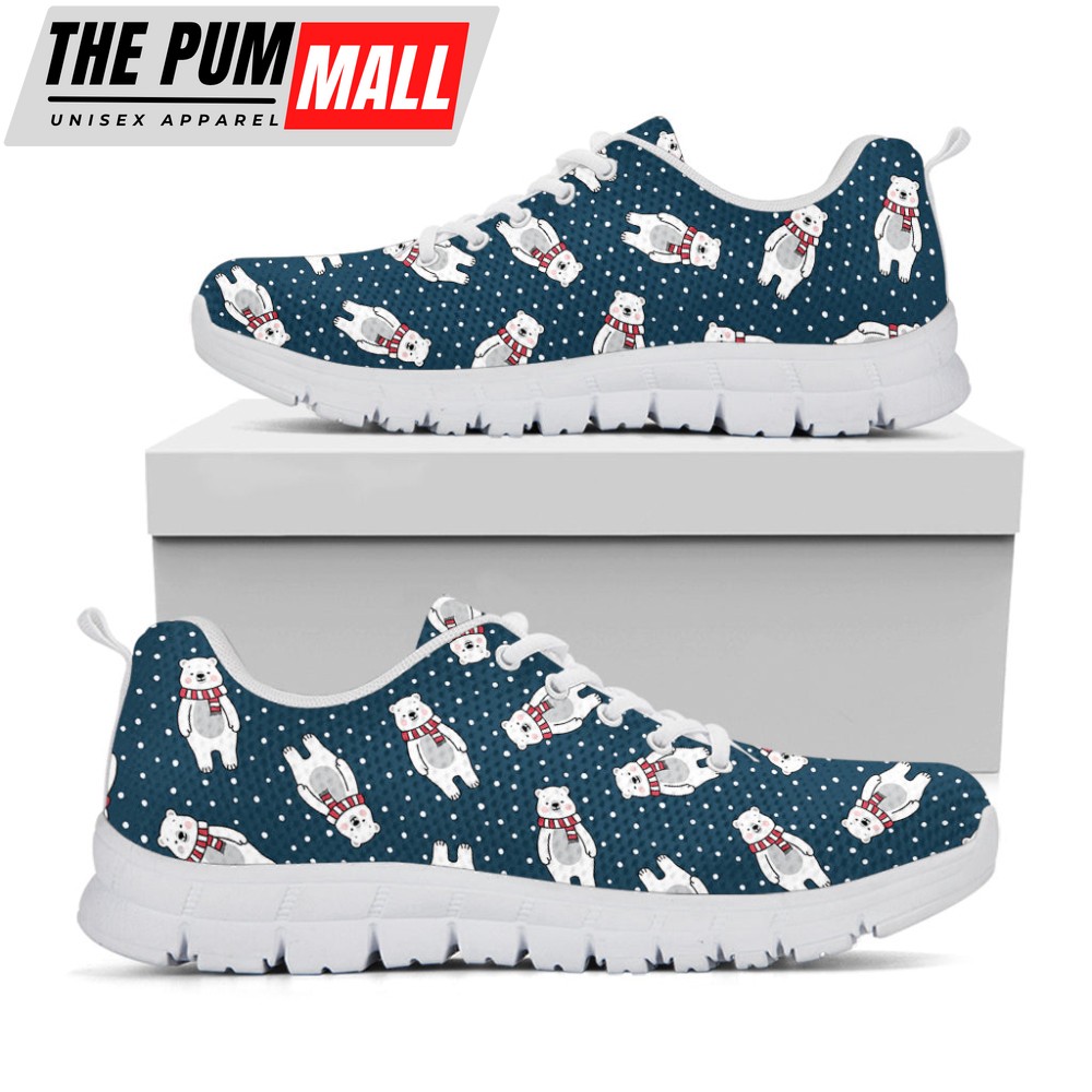 Christmas Polar Bear Pattern Print White Running Shoes, Gift For Men And Women