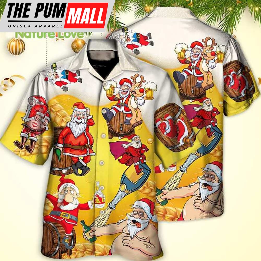 Christmas Santa Claus Drinking Beer Funny Xmas Hawaiian Shirt