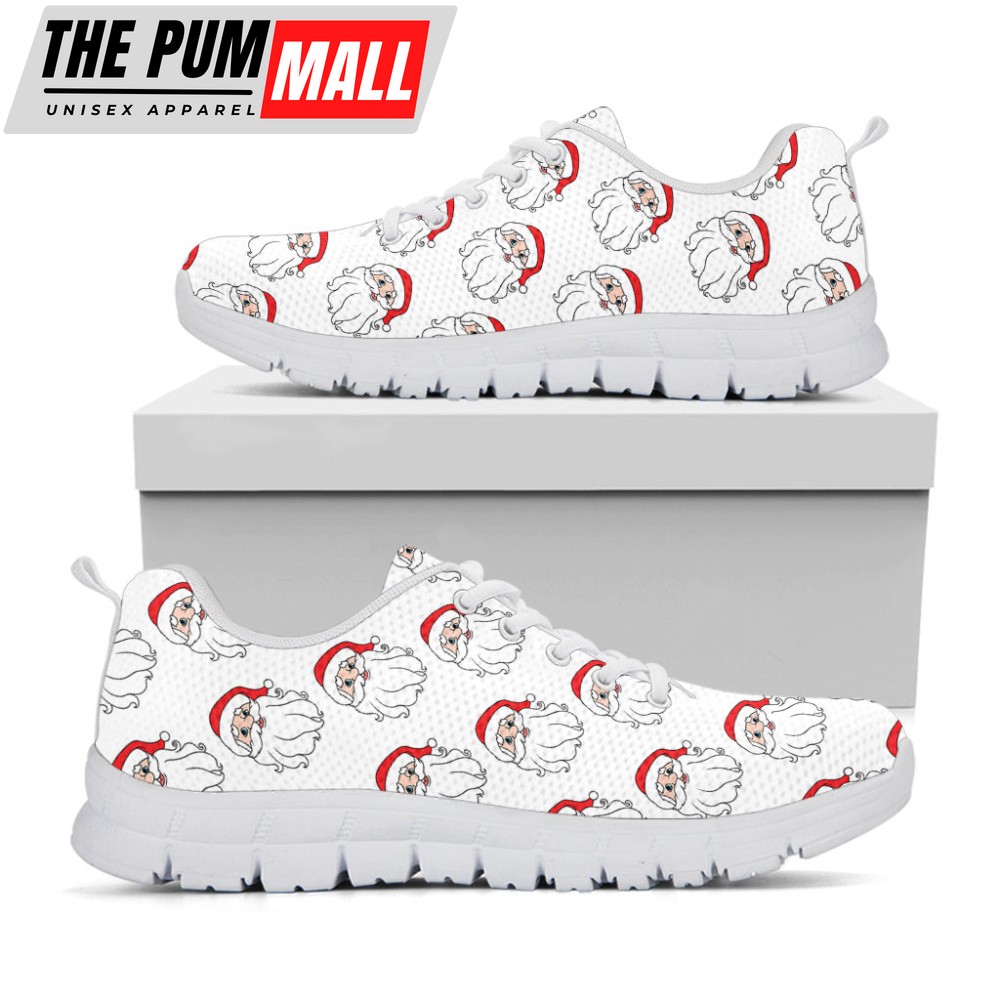 Christmas Santa Claus Pattern Print White Running Shoes, Gift For Men And Women