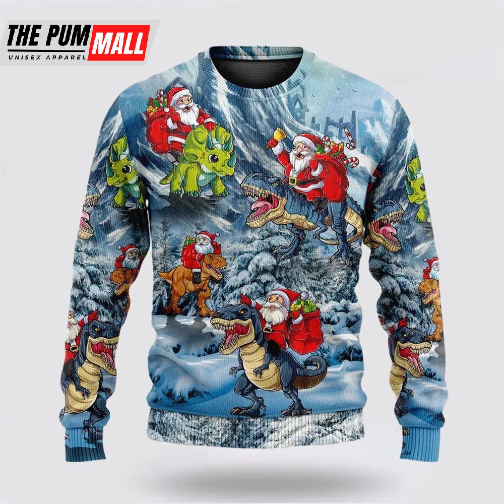 Christmas Santa Claus Riding Dinosaur Christmas Tree Ugly Christmas Sweater