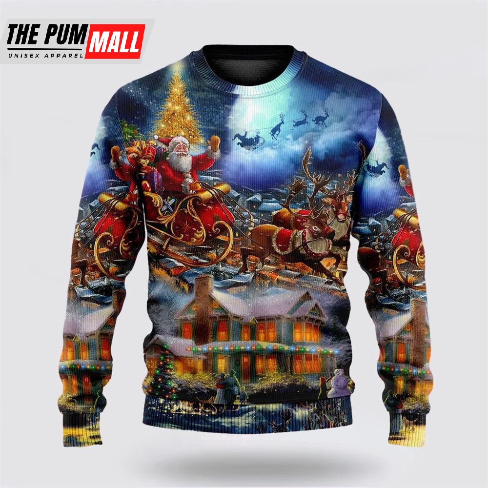 Christmas Santa Claus Snowman Family In Love Light Art Style Ugly Christmas Sweater