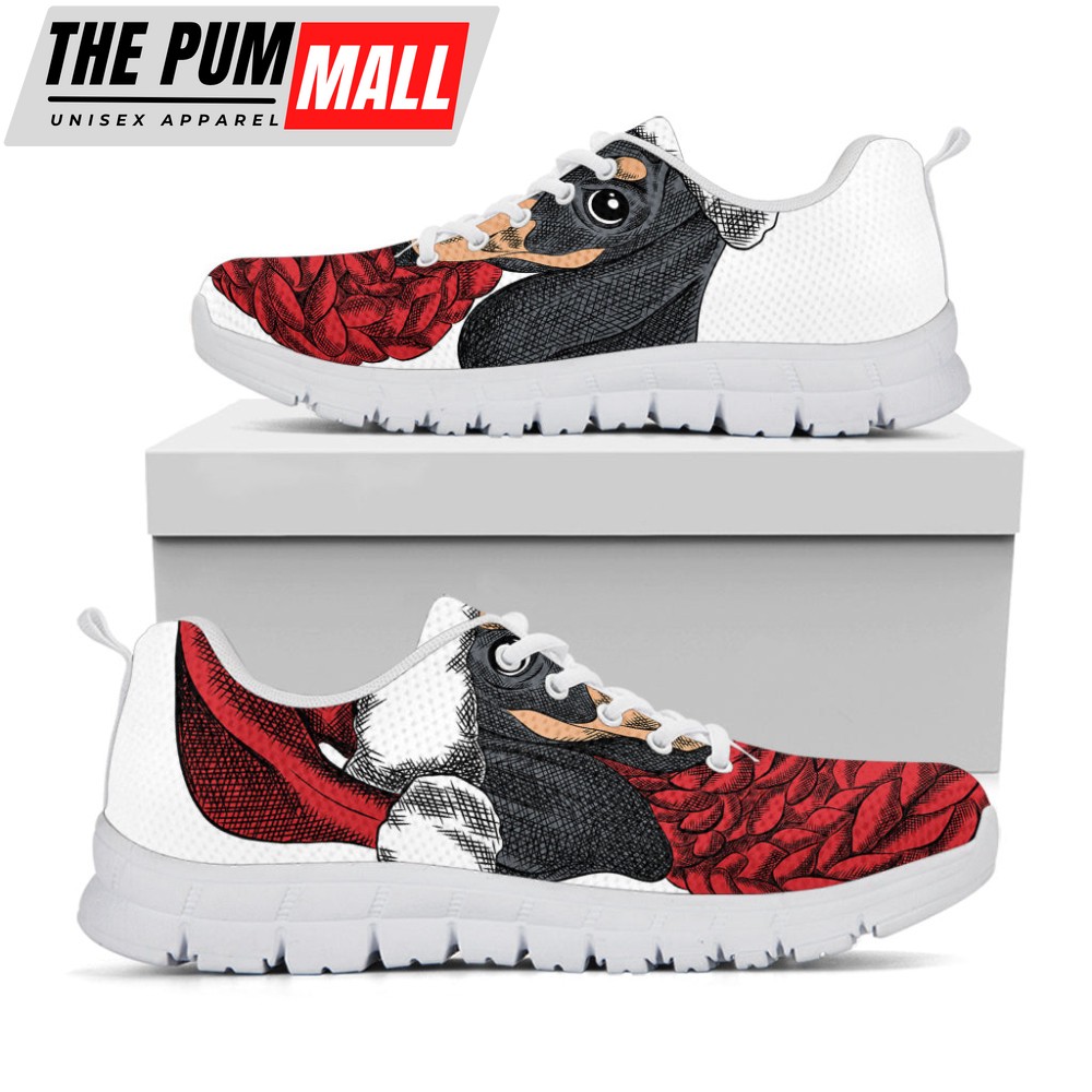 Christmas Santa Dachshund Print White Running Shoes, Gift For Men And Women