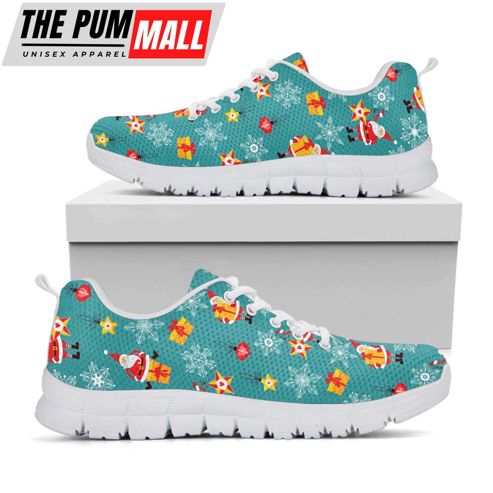 Christmas Santa Gift Pattern Print White Running Shoes, Gift For Men And Women