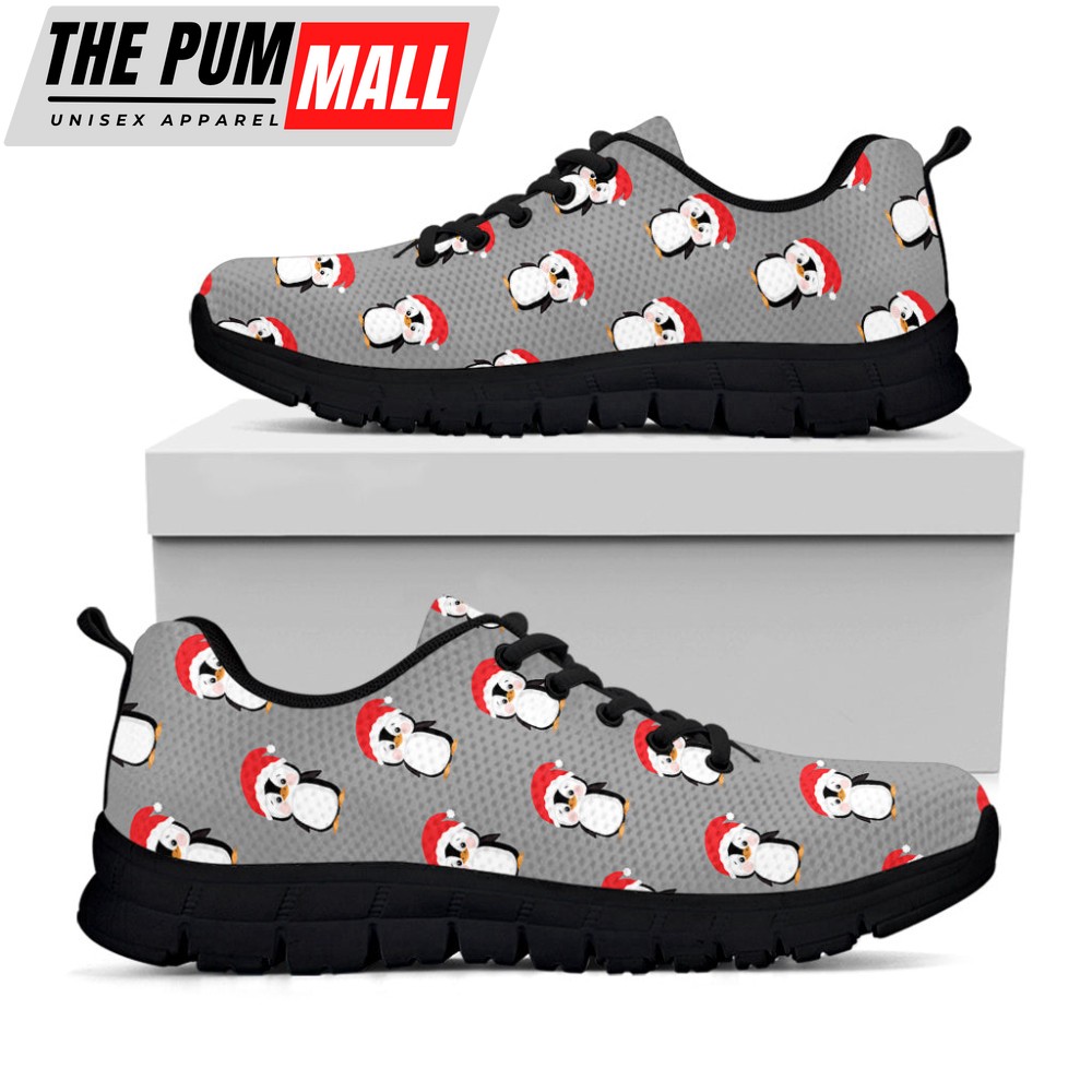 Christmas Santa Penguin Pattern Print Black Running Shoes, Gift For Men And Women