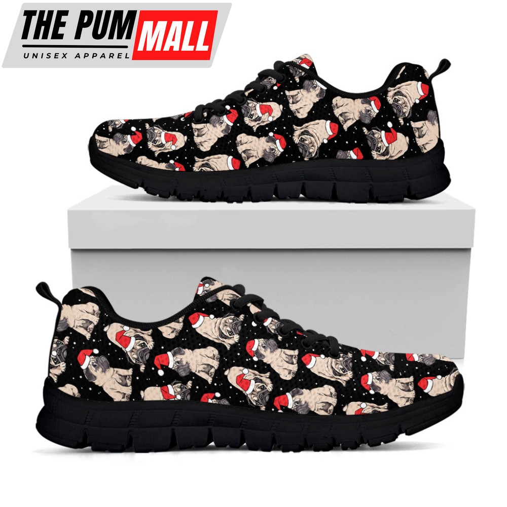 Christmas Santa Pug Pattern Print Black Running Shoes, Gift For Men And Women
