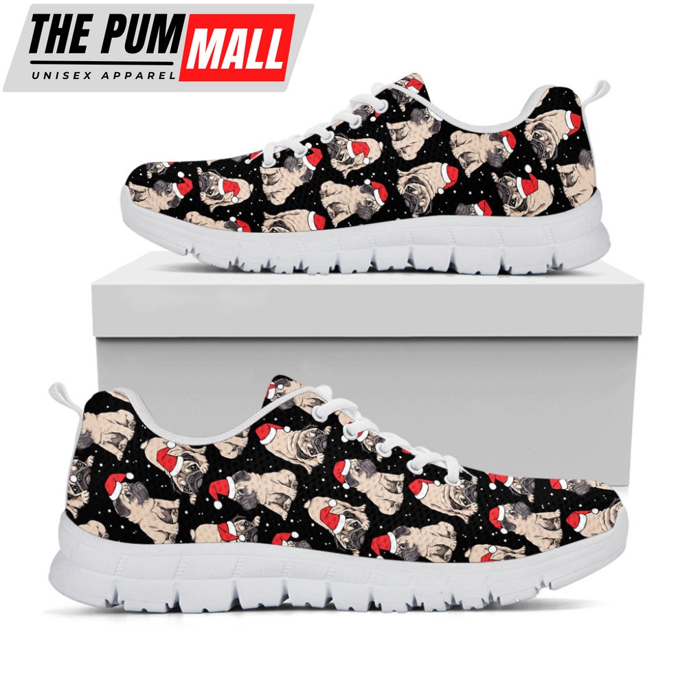 Christmas Santa Pug Pattern Print White Running Shoes, Gift For Men And Women