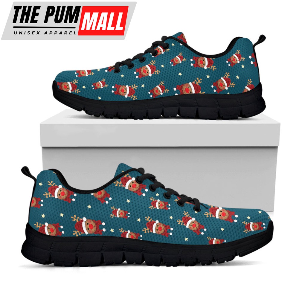 Christmas Santa Reindeer Pattern Print Black Running Shoes, Gift For Men And Women