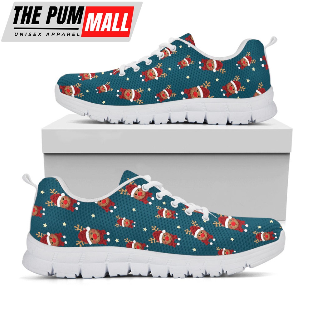 Christmas Santa Reindeer Pattern Print White Running Shoes, Gift For Men And Women