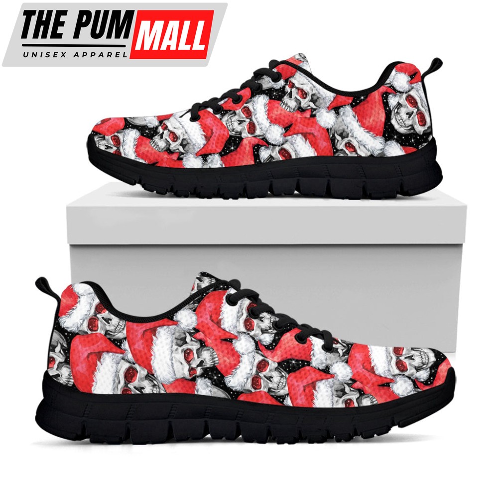 Christmas Santa Skull Pattern Print Black Running Shoes, Gift For Men And Women