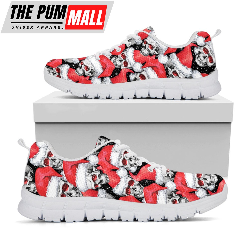 Christmas Santa Skull Pattern Print White Running Shoes, Gift For Men And Women