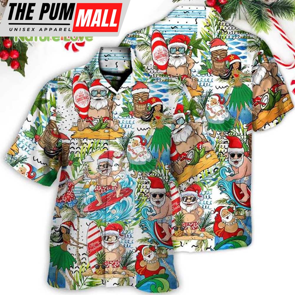 Christmas Santa Tiki Hula Girl Aloha Beach Vibe Hawaiian Shirt