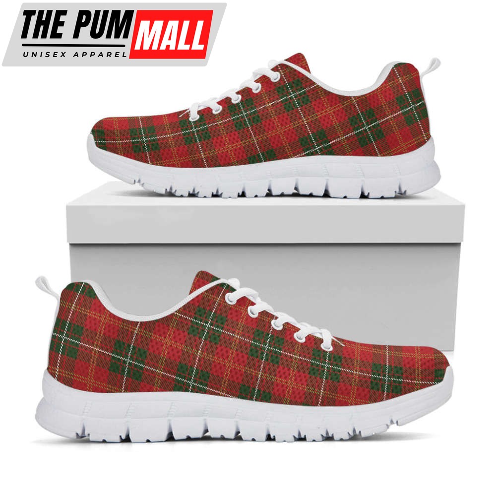 Christmas Scottish Tartan Pattern Print White Running Shoes, Gift For Men And Women