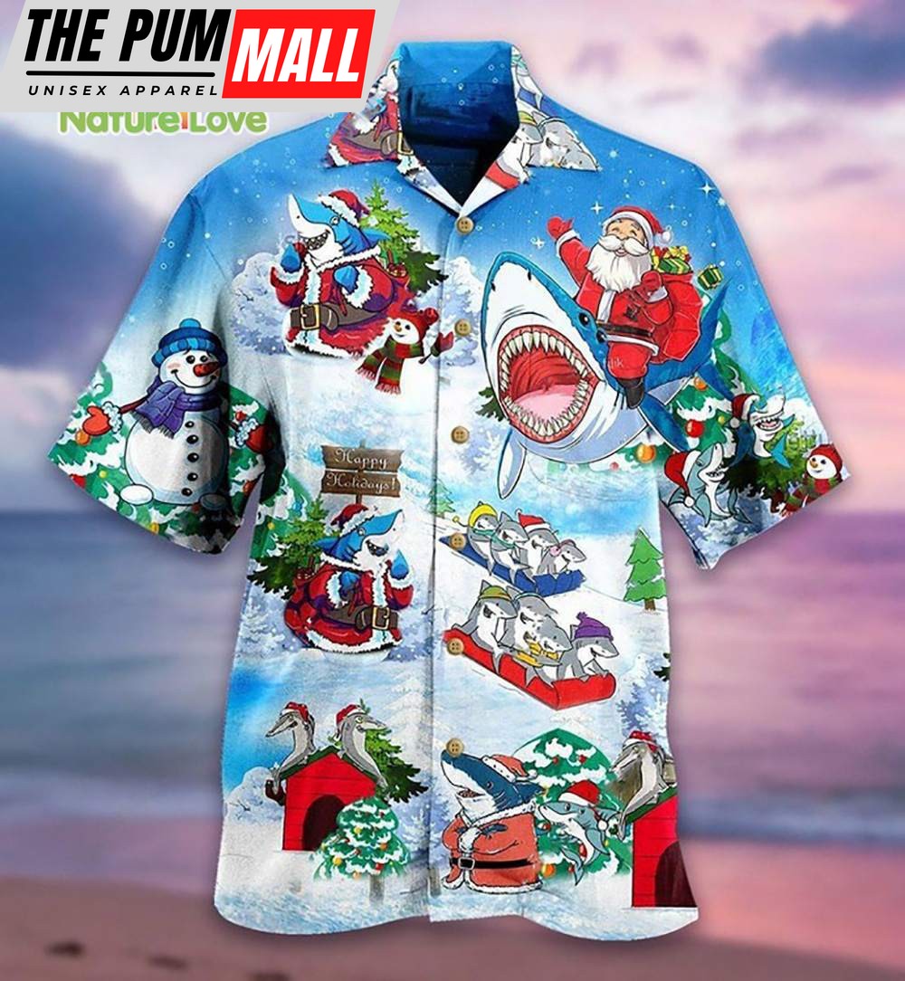 Christmas Shark Santa Sleigh Snowman Merry Xmas Hawaiian Shirt