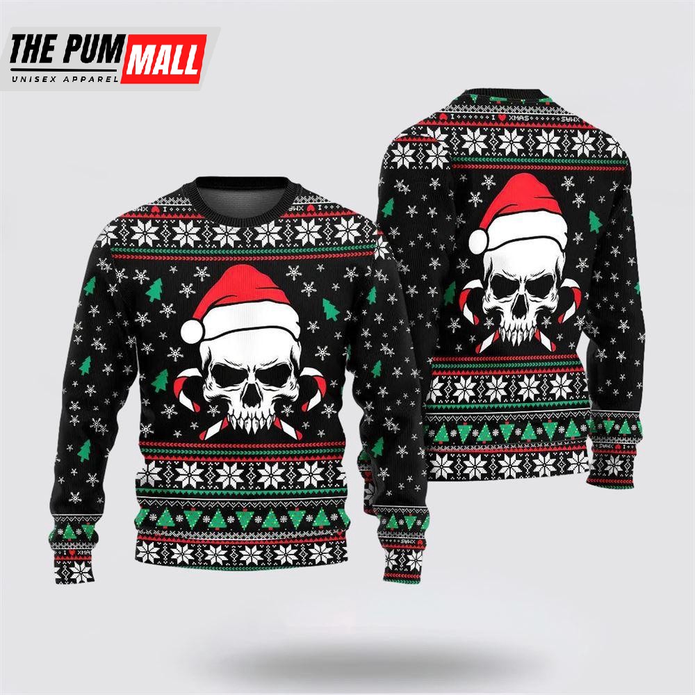 Christmas Skull Wearing Santa Claus Ugly Christmas Sweater