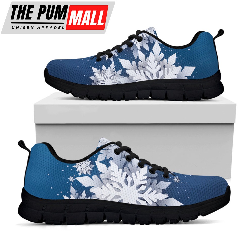 Christmas Snowflake Print Black Running Shoes, Gift For Men And Women