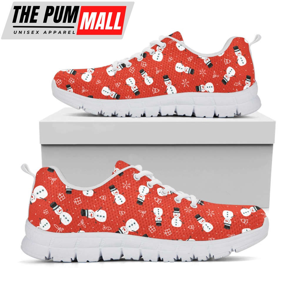 Christmas Snowman Pattern Print White Running Shoes, Gift For Men And Women