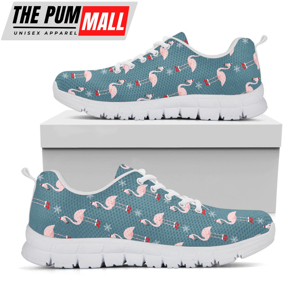 Christmas Snowy Flamingo Pattern Print White Running Shoes, Gift For Men And Women