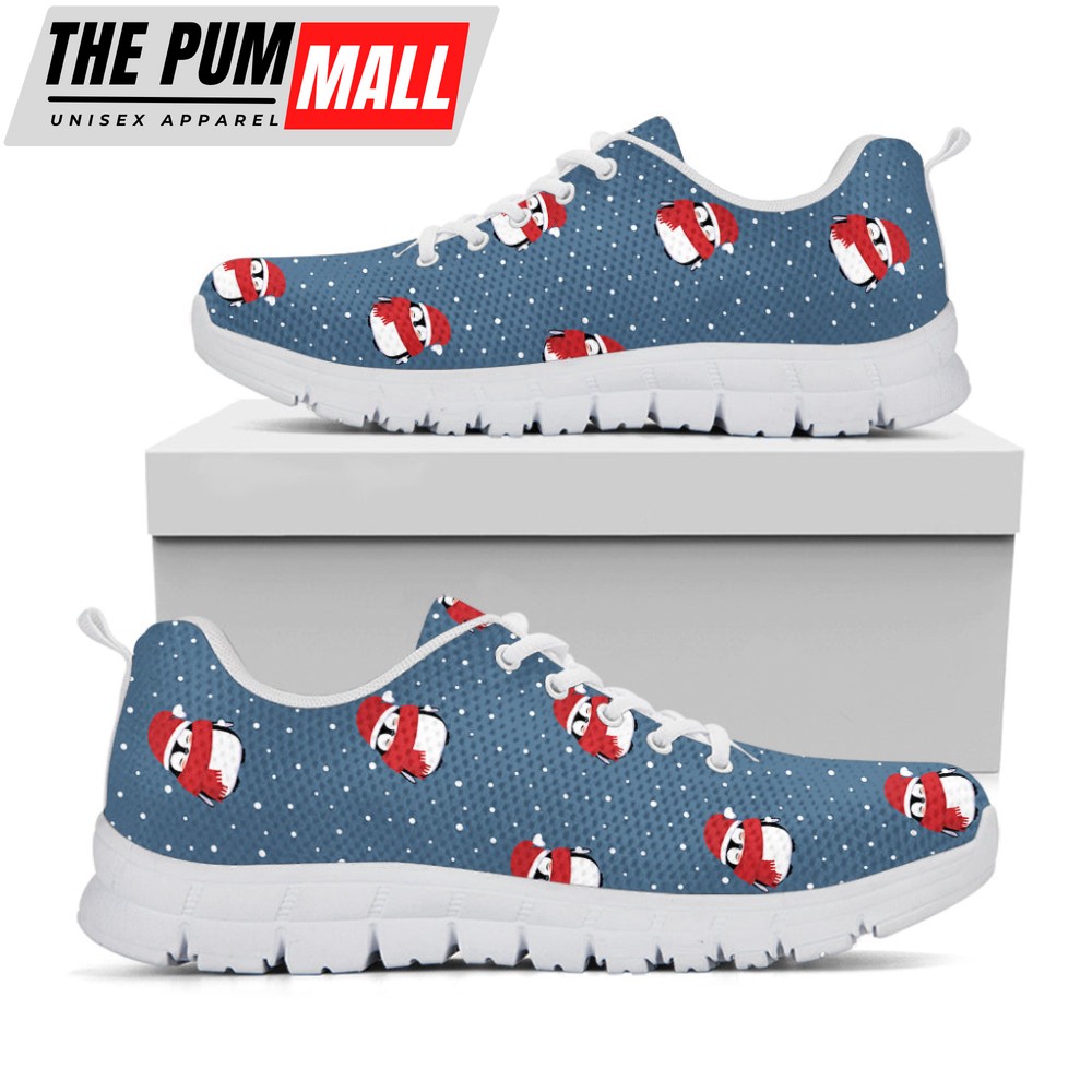 Christmas Snowy Penguin Pattern Print White Running Shoes, Gift For Men And Women