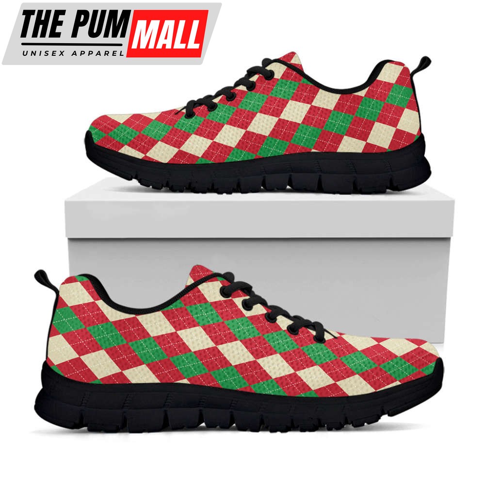 Christmas Themed Argyle Pattern Print Black Running Shoes, Gift For Men And Women