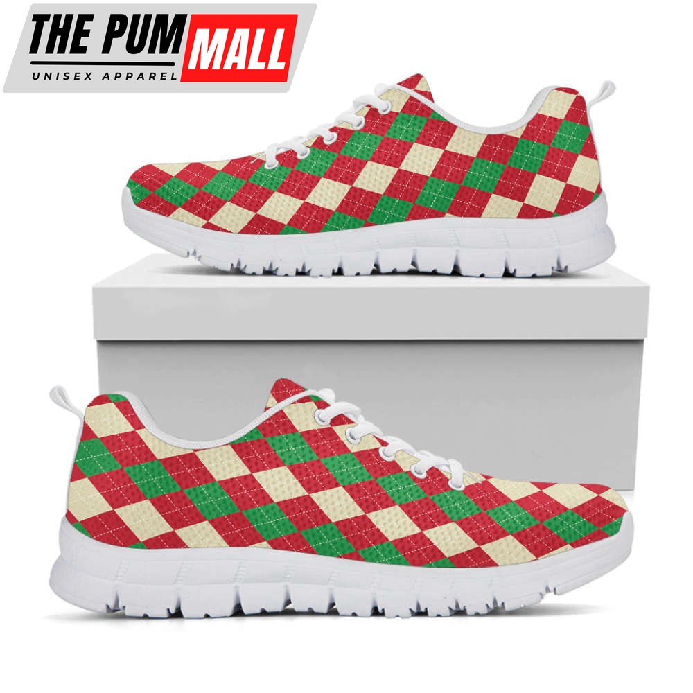 Christmas Themed Argyle Pattern Print White Running Shoes, Gift For Men And Women