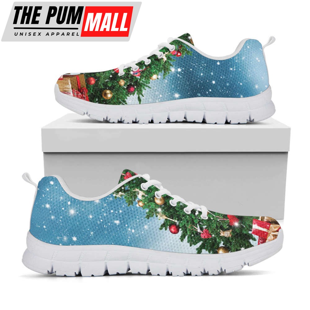 Christmas Tree And Snow Print White Running Shoes, Gift For Men And Women