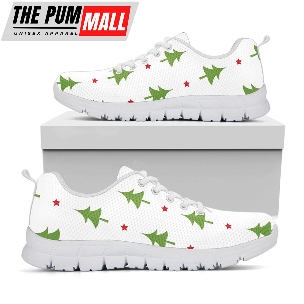 Christmas Tree And Star Pattern Print White Running Shoes, Gift For Men And Women