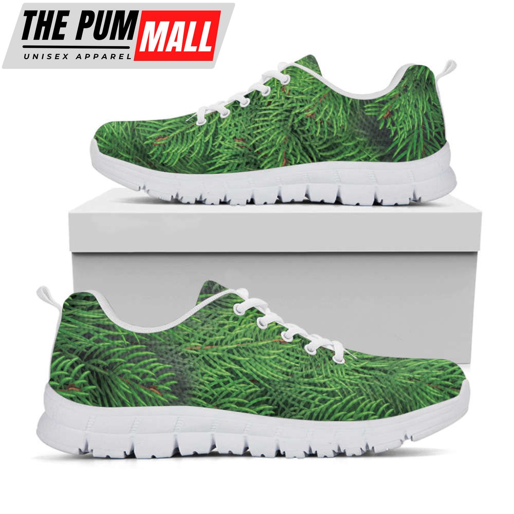 Christmas Tree Branches Print White Running Shoes, Gift For Men And Women
