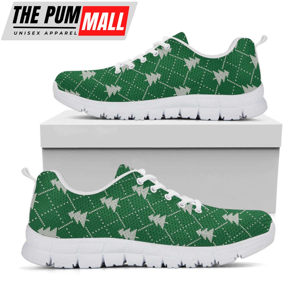 Christmas Tree Knitted Pattern Print White Running Shoes, Gift For Men And Women