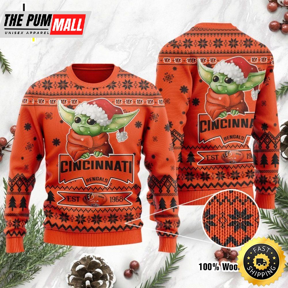 Cincinnati Bengals Cute Baby Yoda Grogu Holiday Party 2025 Ugly Christmas Sweater