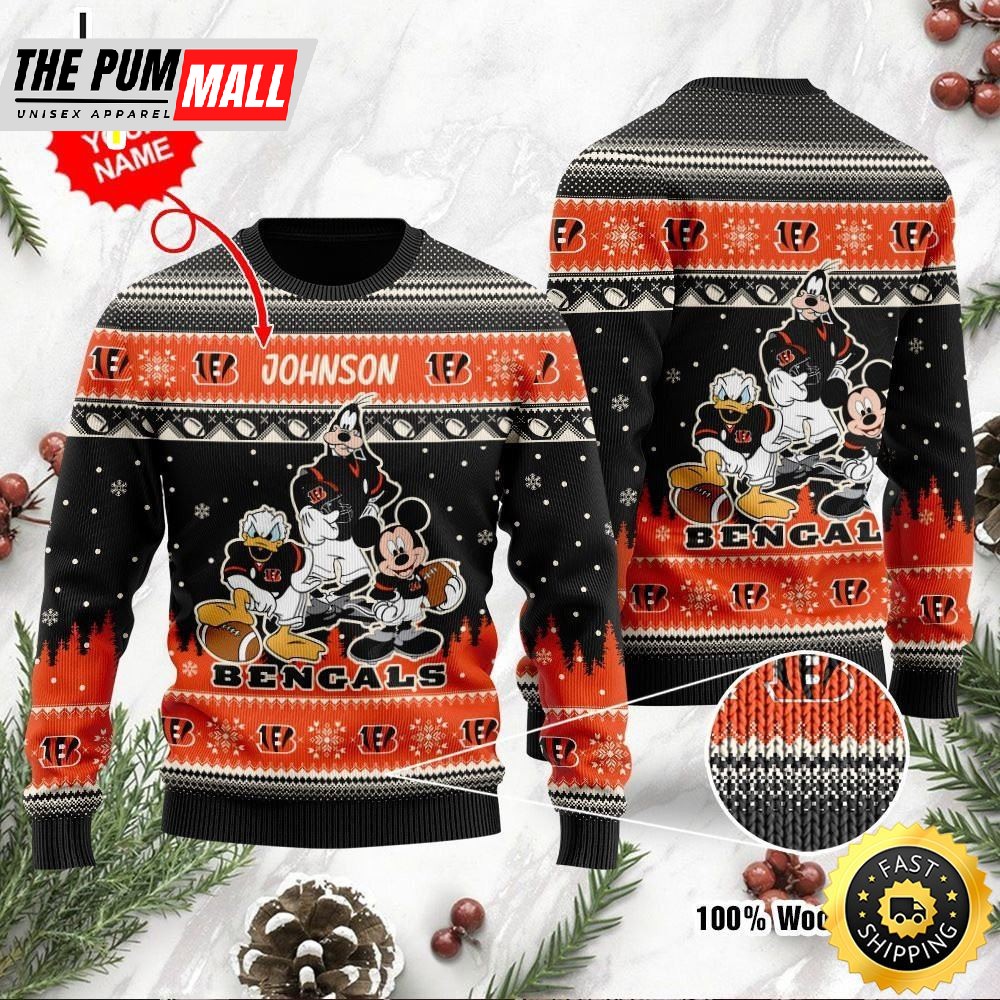 Cincinnati Bengals Disney Donald Duck Mickey Mouse Goofy Personalized Ugly Christmas Sweater Perfect Holiday Gift