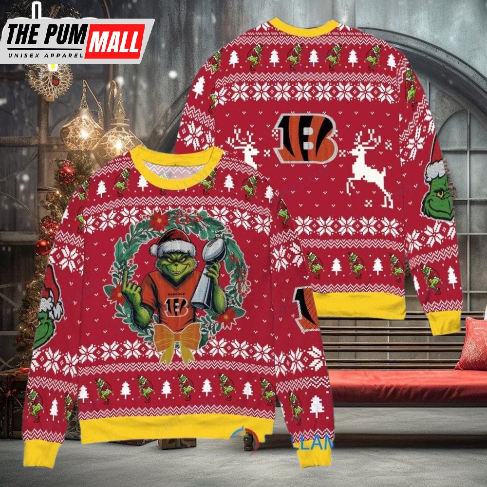 Cincinnati Bengals x Grinch NFL Grinch Super Bowl Trophy Ugly Christmas Sweater