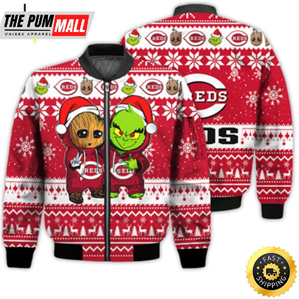 Cincinnati Reds Baby Groot And Grinch Best Friends Football American Ugly Christmas Sweater Gifts Unisex 3D Bomber Jacket