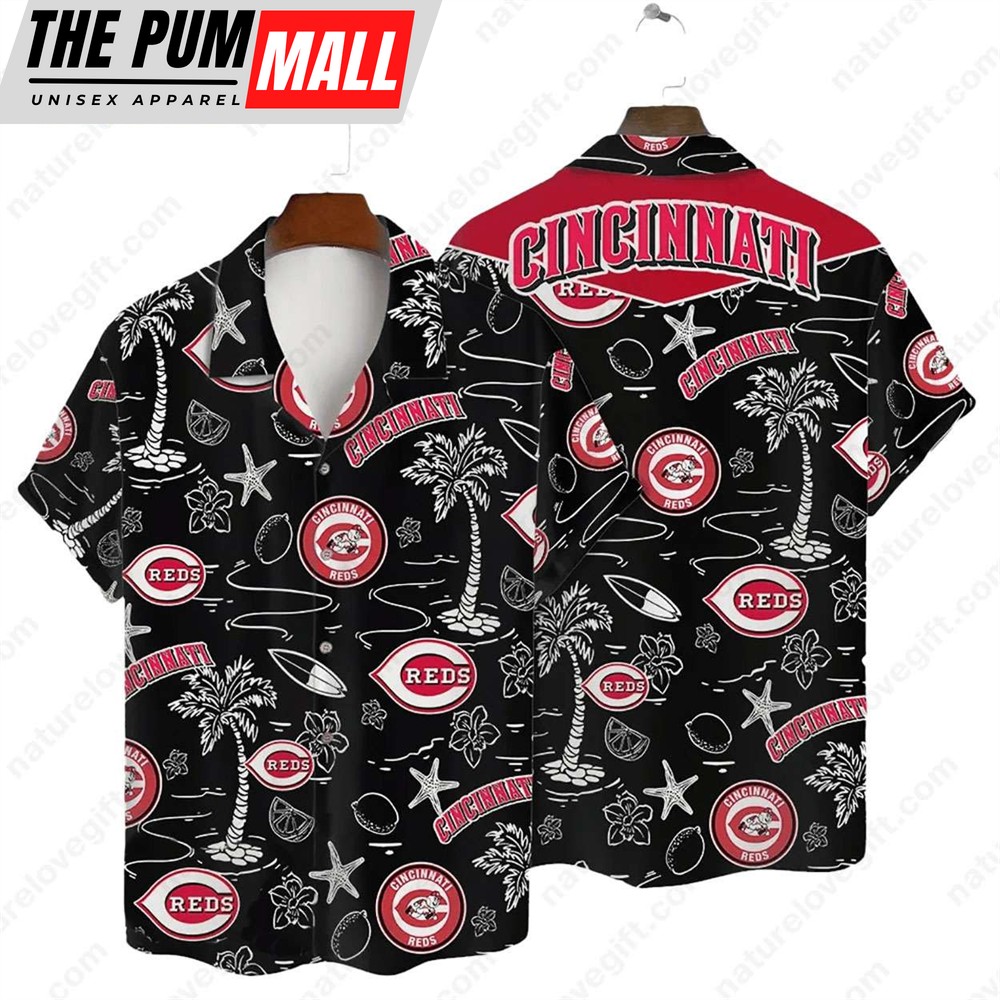 Cincinnati Reds Tropical Palms MLB Black Hawaiian Shirt