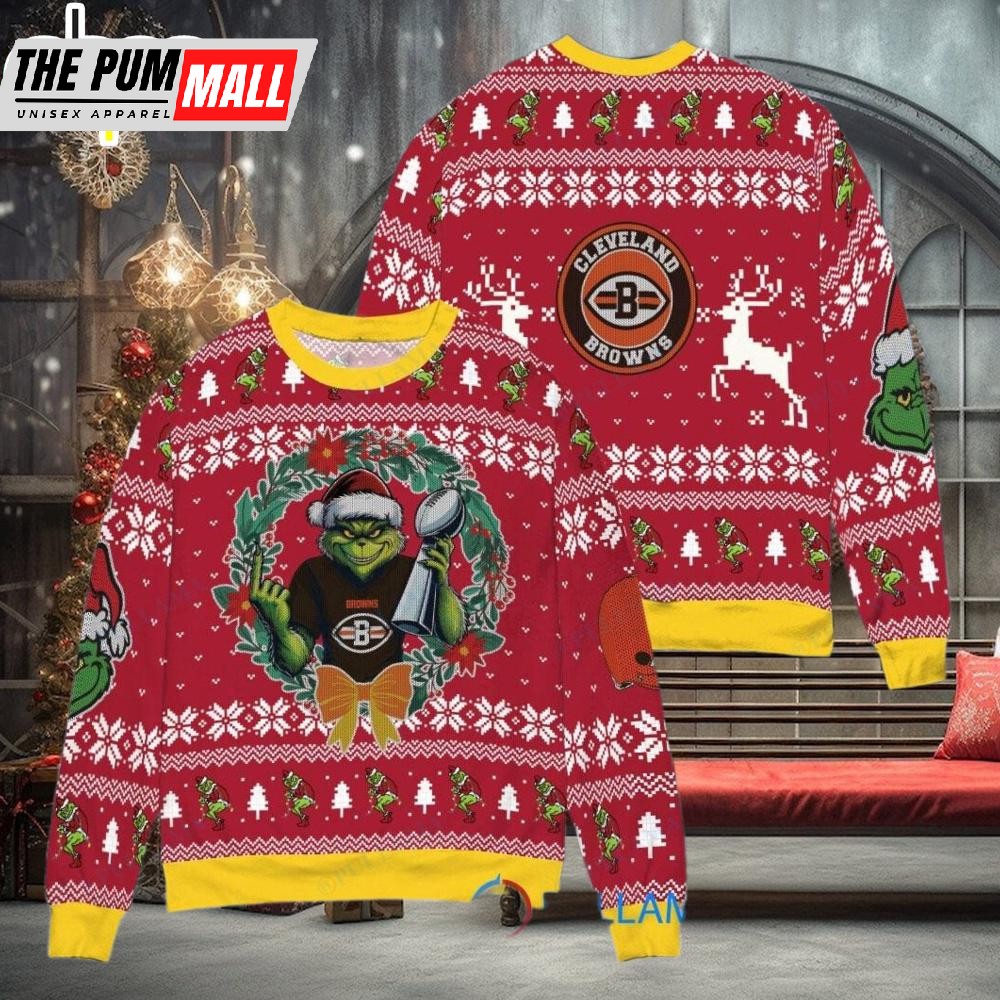 Cleveland Browns x Grinch NFL Grinch Super Bowl Trophy Ugly Christmas Sweater