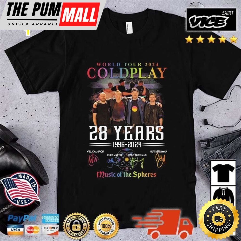 Coldplay World Tour 2025 28 Years 1996 2025 Music Of The Spheres Signatures T-Shirt