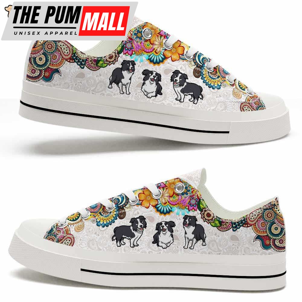 Collie Colorful Flowers Mandala Low Top Shoes – Happy International Dog Day Canvas Sneaker – Owners Gift Dog Breeders