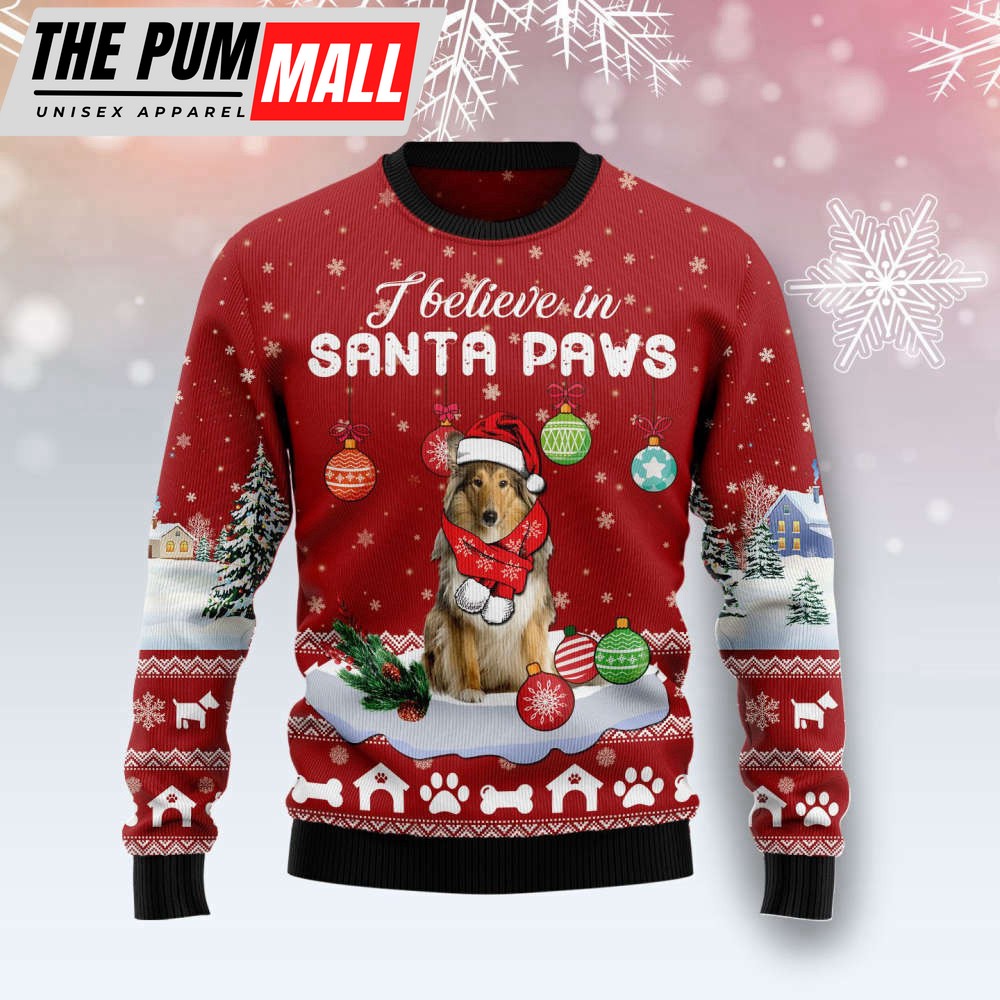 Collie I Believe In Santa Paws Ugly Christmas Sweater, Best Gift For Christmas