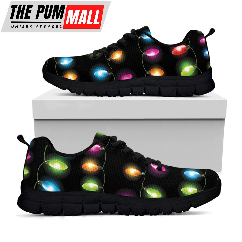 Colorful Christmas Lights Print Black Running Shoes, Gift For Men And Women