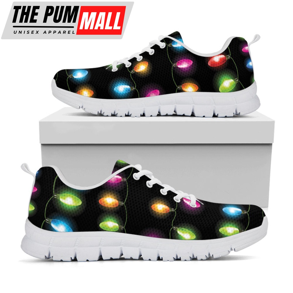 Colorful Christmas Lights Print White Running Shoes, Gift For Men And Women
