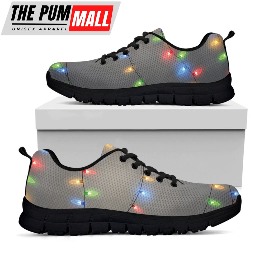 Colorful Christmas String Lights Print Black Running Shoes, Gift For Men And Women