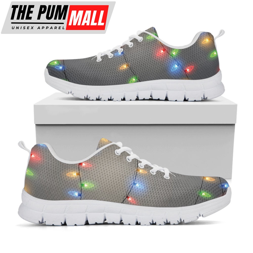 Colorful Christmas String Lights Print White Running Shoes, Gift For Men And Women