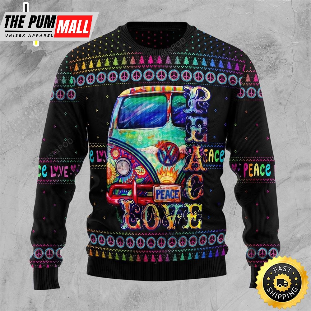 Colorful Hippie Peace Love Christmas Ugly Sweater