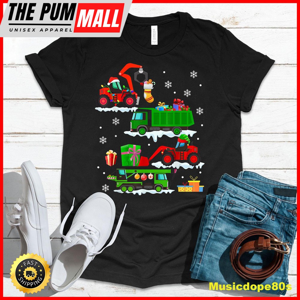 Construction Vehicle Christmas Red Trucks Winter Boys Kids T-Shirt