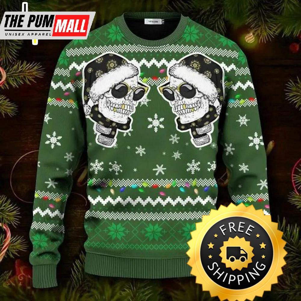 Cool Twins Santa Skull Ugly Christmas Sweater, Skull Ugly Sweater