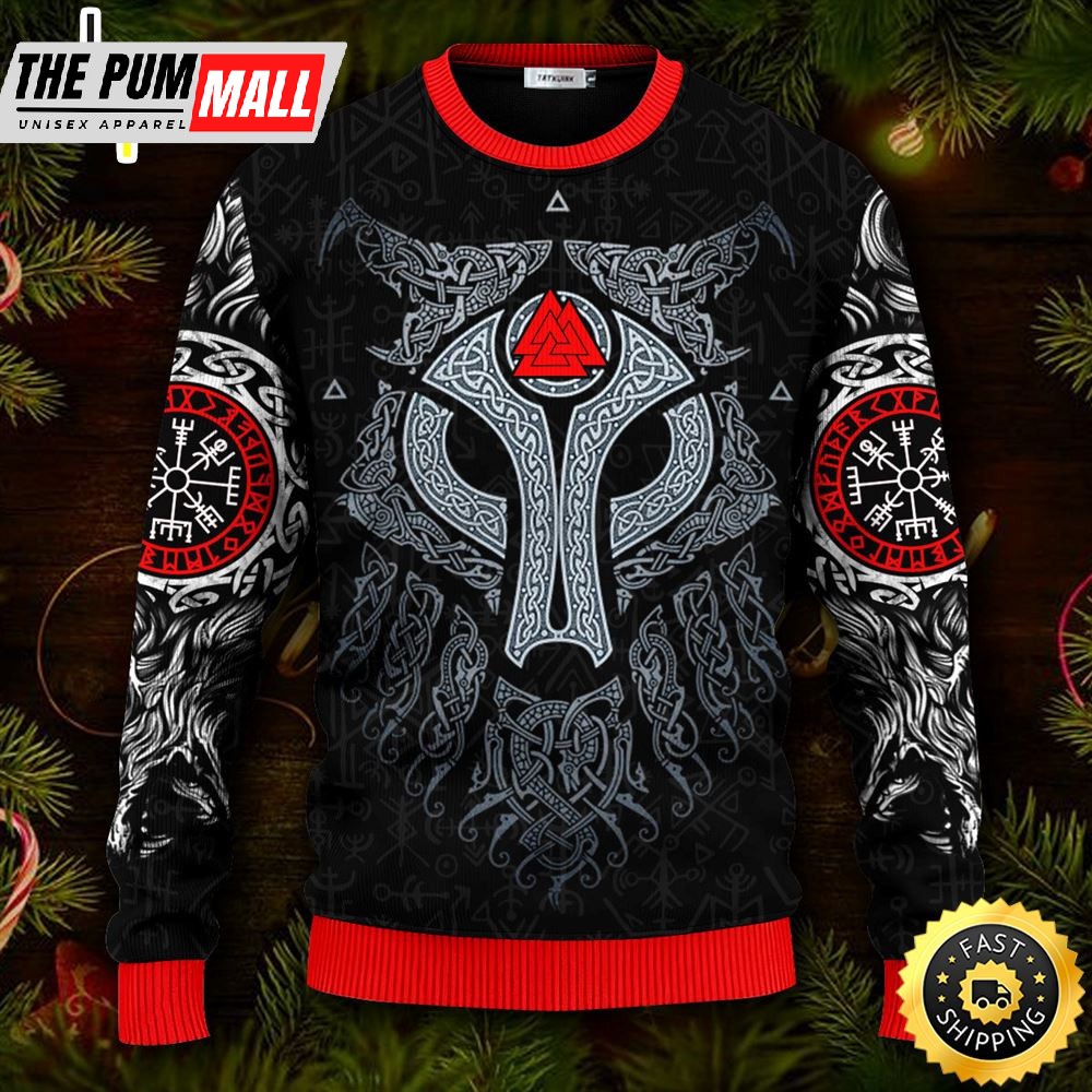 Cool Wolf Vegvisir Pattern Viking Ugly Christmas Skull Sweater Christmas