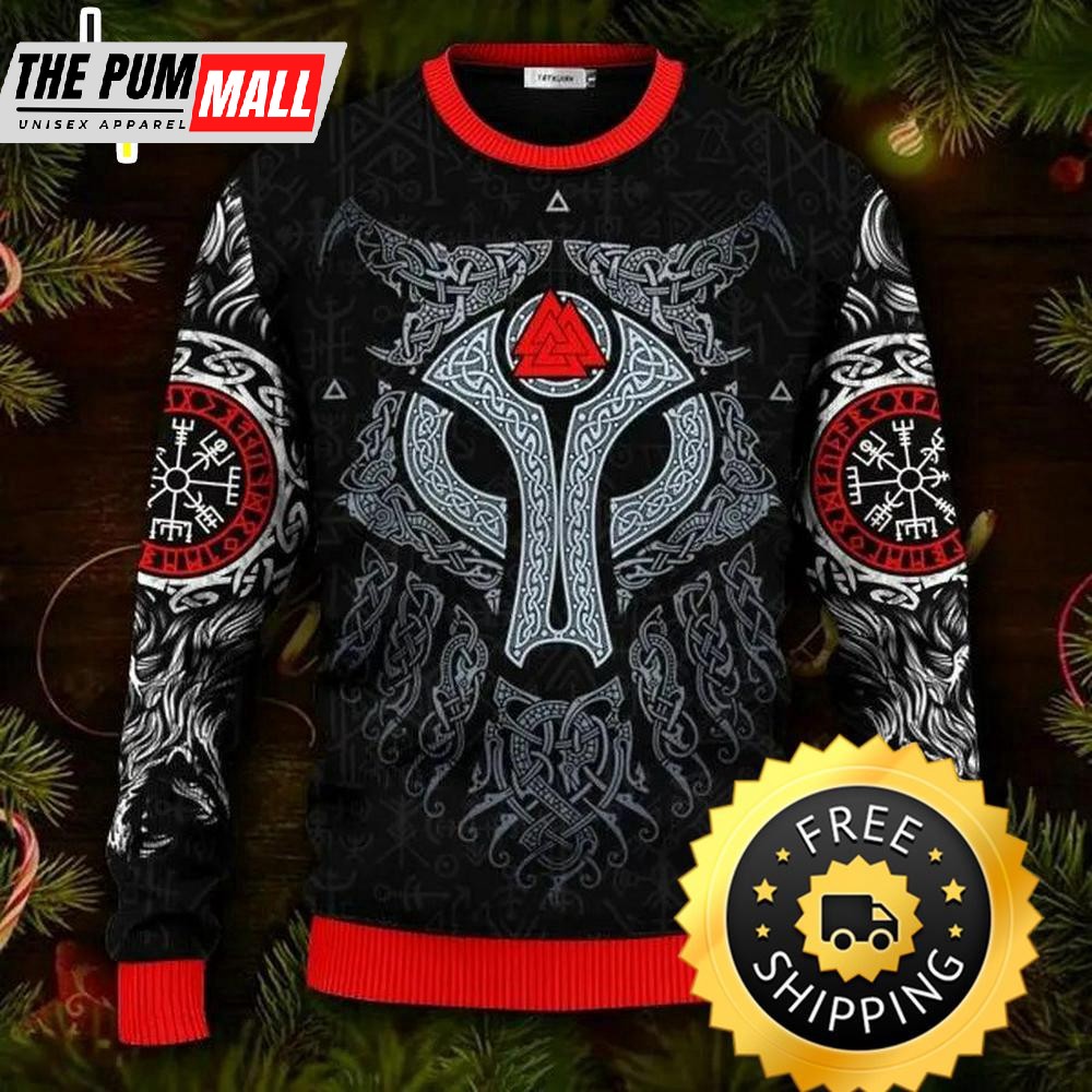 Cool Wolf Vegvisir Pattern Viking Ugly Christmas Sweater, Viking Ugly Sweater