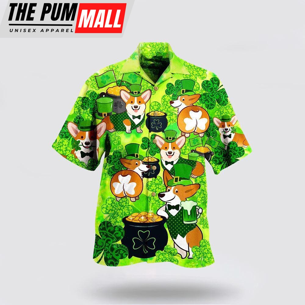 Corgi Patrick’s Day Hawaiian Shirt, St Patricks Day Shirts, Shamrock Hawaiian Shirt